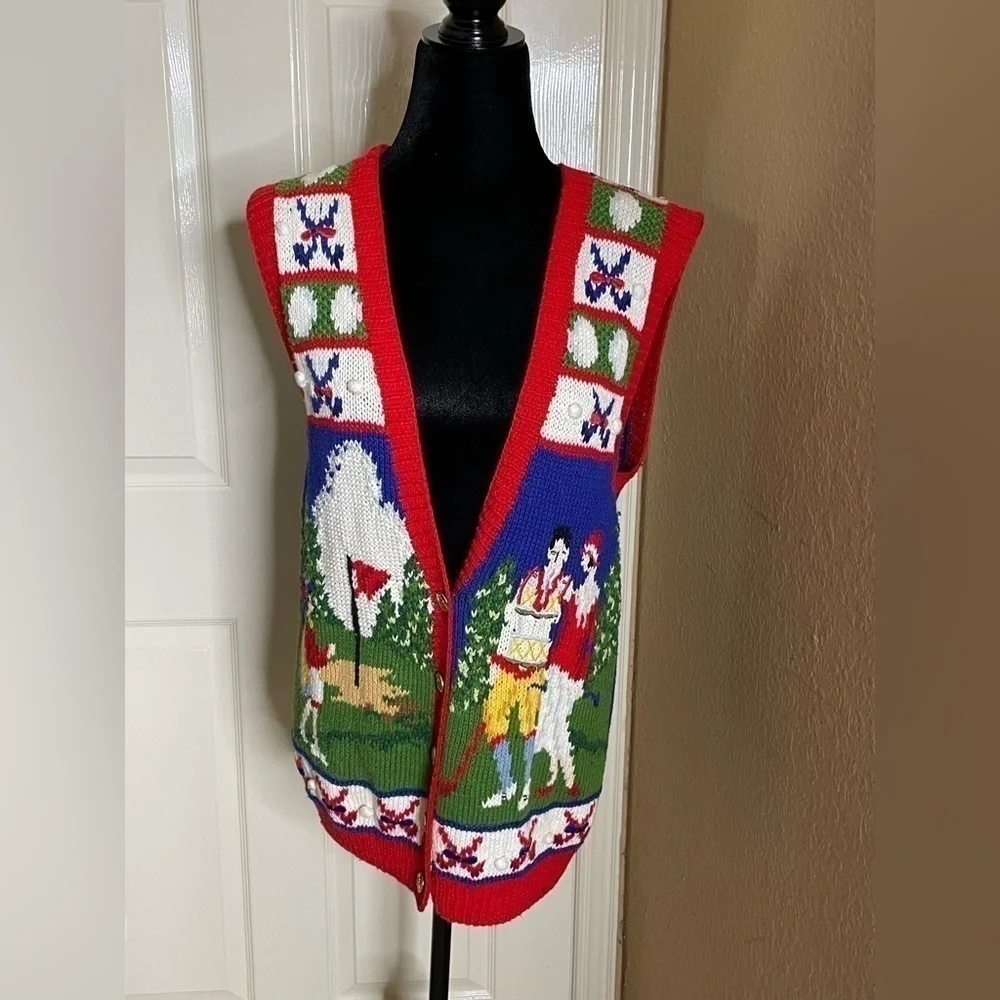 Marisa Christina Colorful Golf Knit Pullover Sleeveless Womens L Vintage Sweater - Picture 6 of 11
